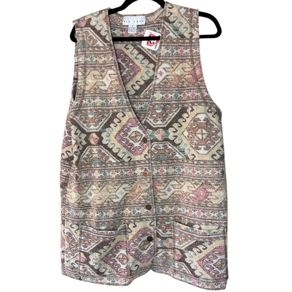 New York Style Tapestry Aztec Print Wester Long Vest Metal Copper Buttons